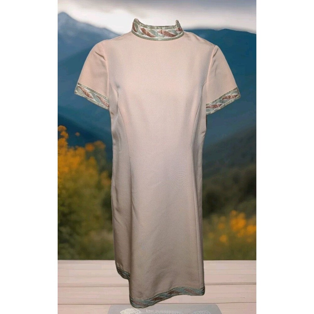 Vintage 1960s ADELE SIMPSON Pink Salmon Dress W/ Printed Trim Mod Retro Size S/M